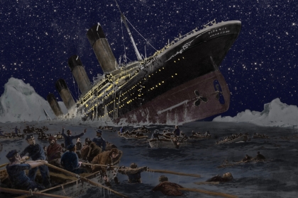Scene of the Titanic boat sinking in water with people in lifeboats